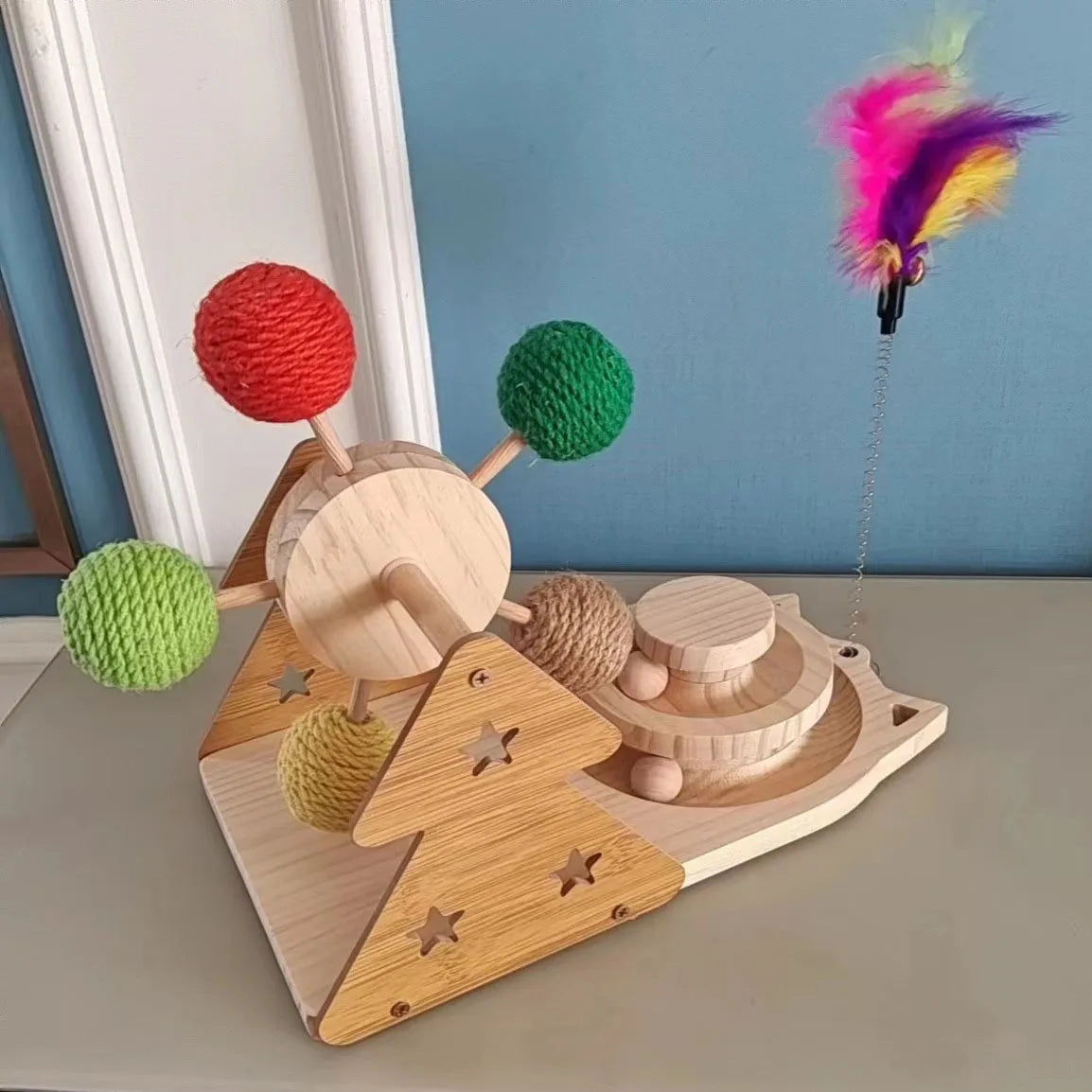 Wooden 3-in-1 Cat Toy Set, Ferris Wheel, Sisal Ball, Teaser Wand