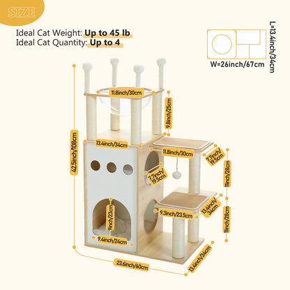Modern Wooden Cat Tree with 2-Story Condo, Scratching Posts & Toys