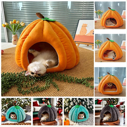 3D Pumpkin Cat & Dog Bed – Warm Semi-Enclosed Pet House for Winter