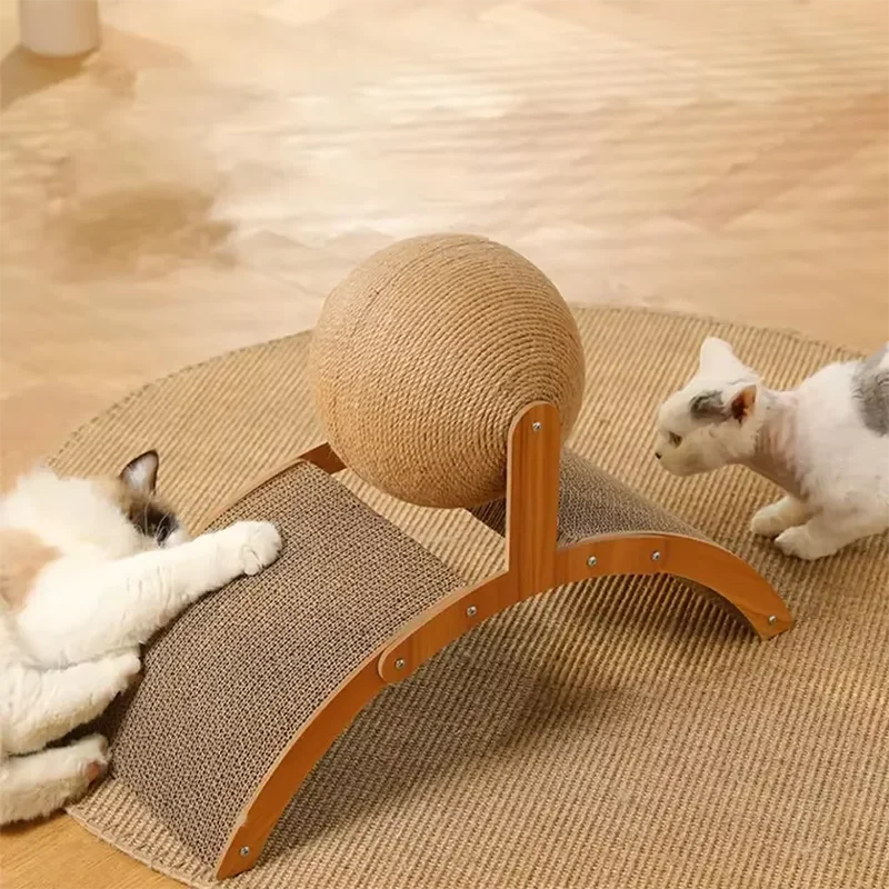2-in-1 Wooden Cat Scratcher with Sisal Ball & Scratch Board