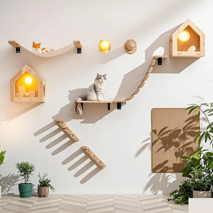 Wall-Mounted Cat Tree with Hammock & Scratching Post