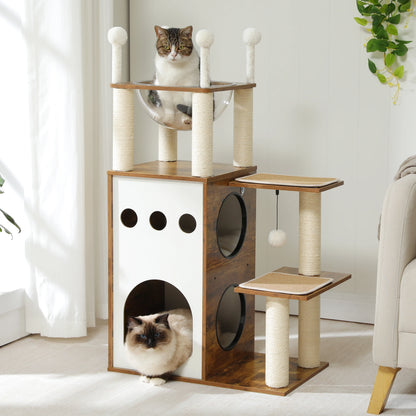 Modern Wooden Cat Tree with 2-Story Condo, Scratching Posts & Toys