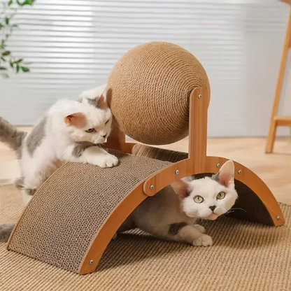 2-in-1 Wooden Cat Scratcher with Sisal Ball & Scratch Board
