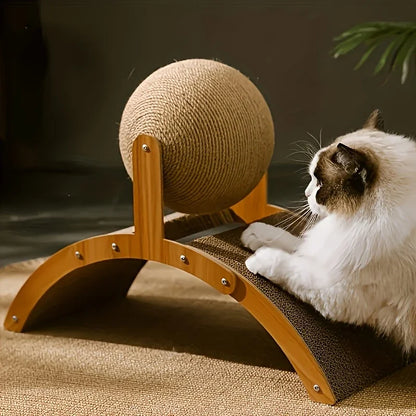 2-in-1 Wooden Cat Scratcher with Sisal Ball & Scratch Board