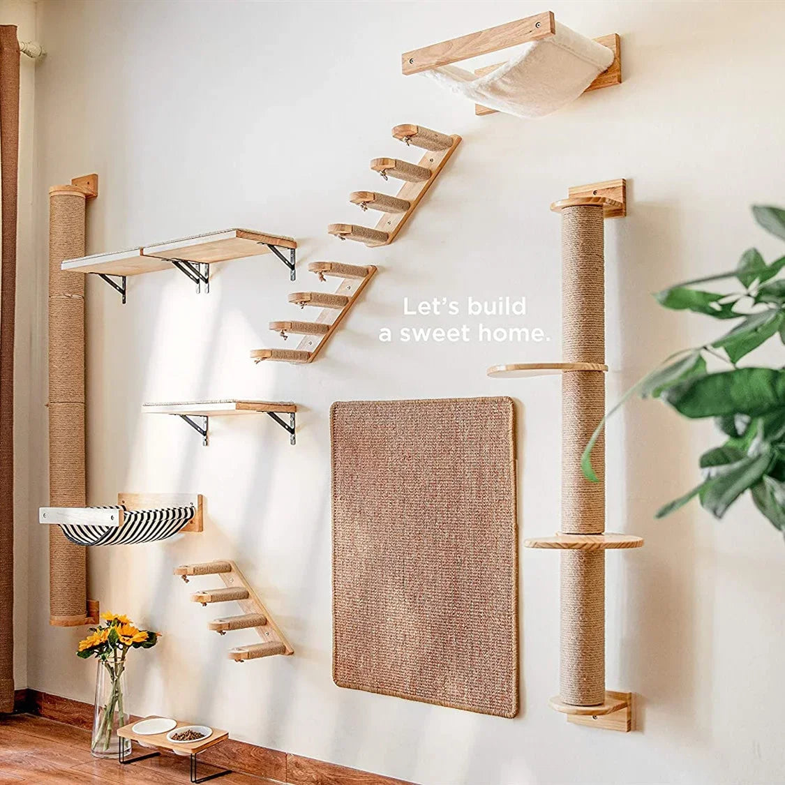 Wall-Mounted Cat Tree with Hammock & Scratching Post