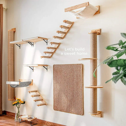 Wall-Mounted Cat Tree with Hammock & Scratching Post