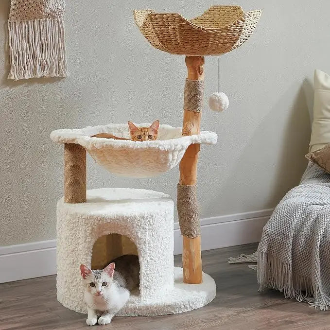 Modern Wood Cat Tower for Large Cats, Real Branch, Big Cozy Condo