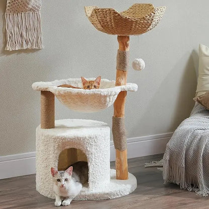 Modern Wood Cat Tower for Large Cats, Real Branch, Big Cozy Condo