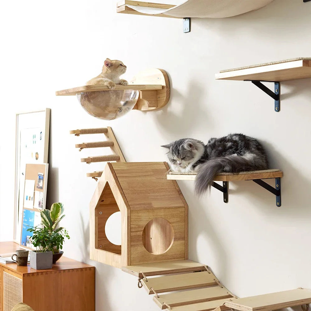 Wall-Mounted Cat Tree with Hammock & Scratching Post