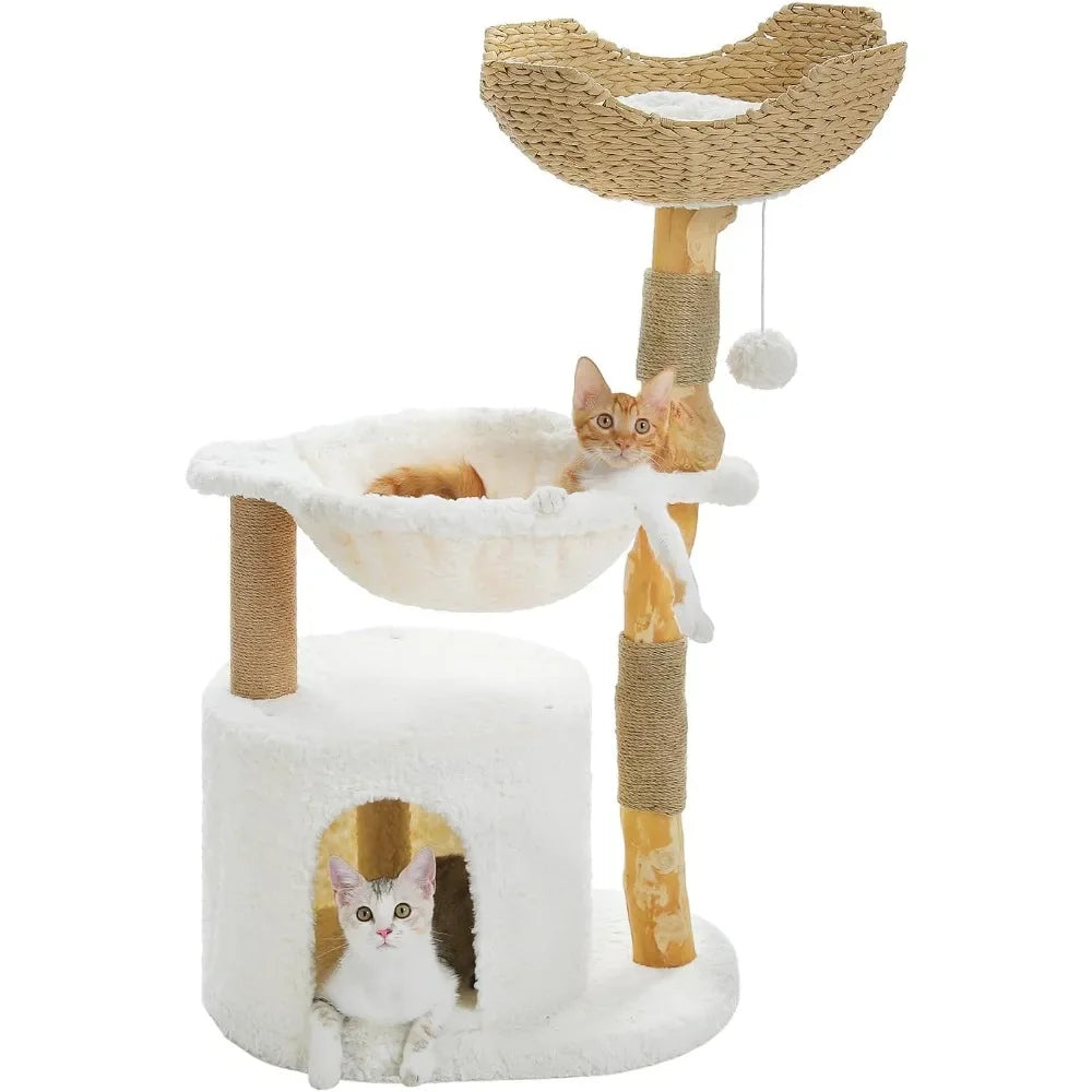 Modern Wood Cat Tower for Large Cats, Real Branch, Big Cozy Condo