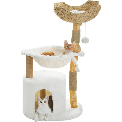 Modern Wood Cat Tower for Large Cats, Real Branch, Big Cozy Condo
