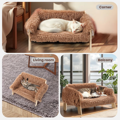 Large Plush Cat Sofa Bed – Raised Wooden Frame Indoor Cat Couch