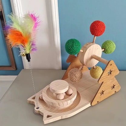 Wooden 3-in-1 Cat Toy Set, Ferris Wheel, Sisal Ball, Teaser Wand