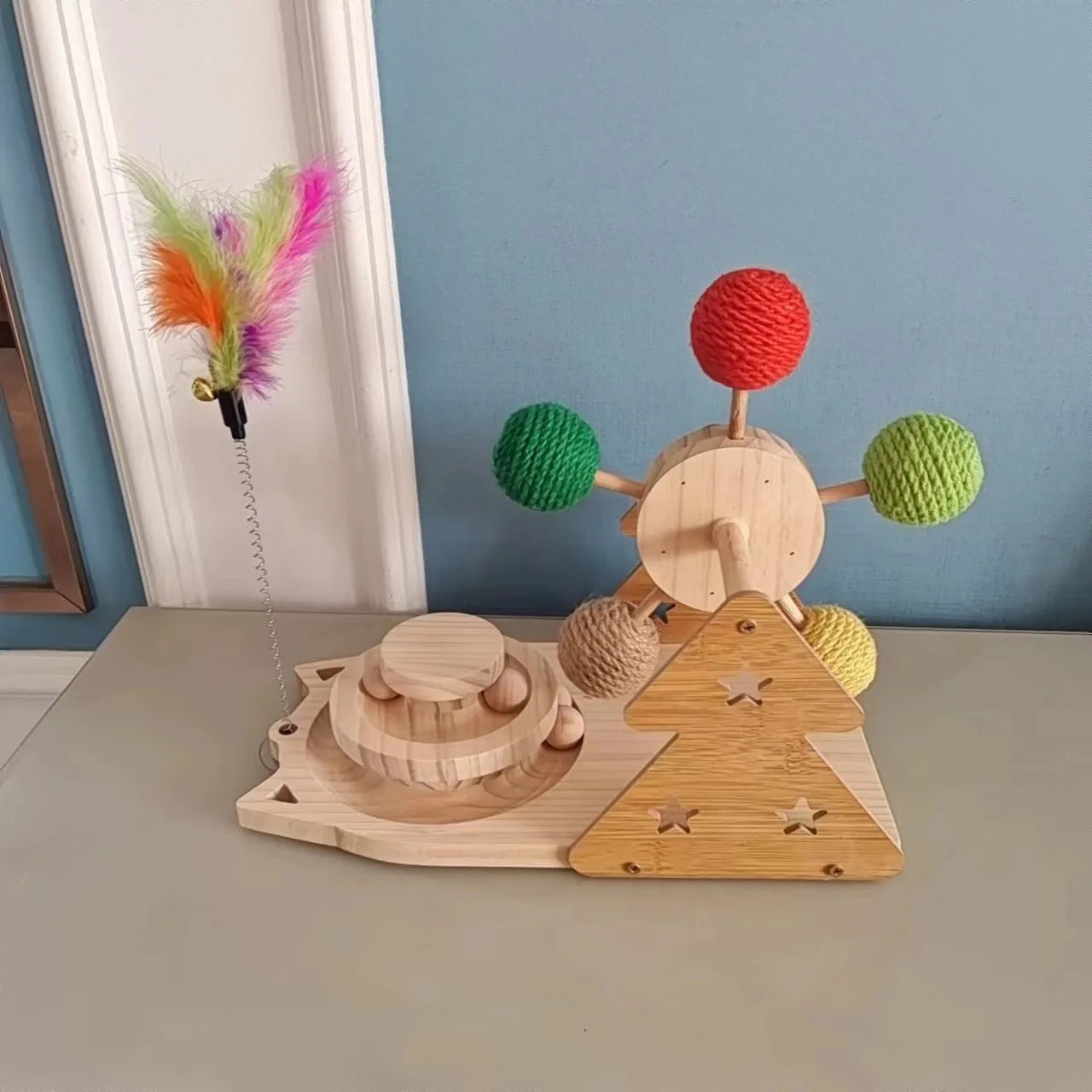 Wooden 3-in-1 Cat Toy Set, Ferris Wheel, Sisal Ball, Teaser Wand