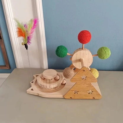Wooden 3-in-1 Cat Toy Set, Ferris Wheel, Sisal Ball, Teaser Wand