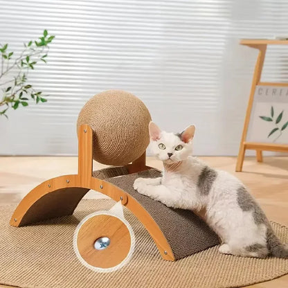 2-in-1 Wooden Cat Scratcher with Sisal Ball & Scratch Board