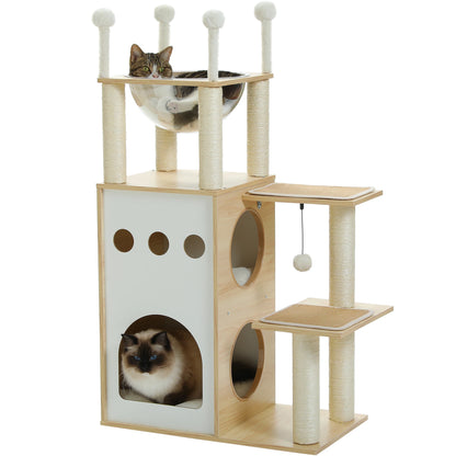 Modern Wooden Cat Tree with 2-Story Condo, Scratching Posts & Toys