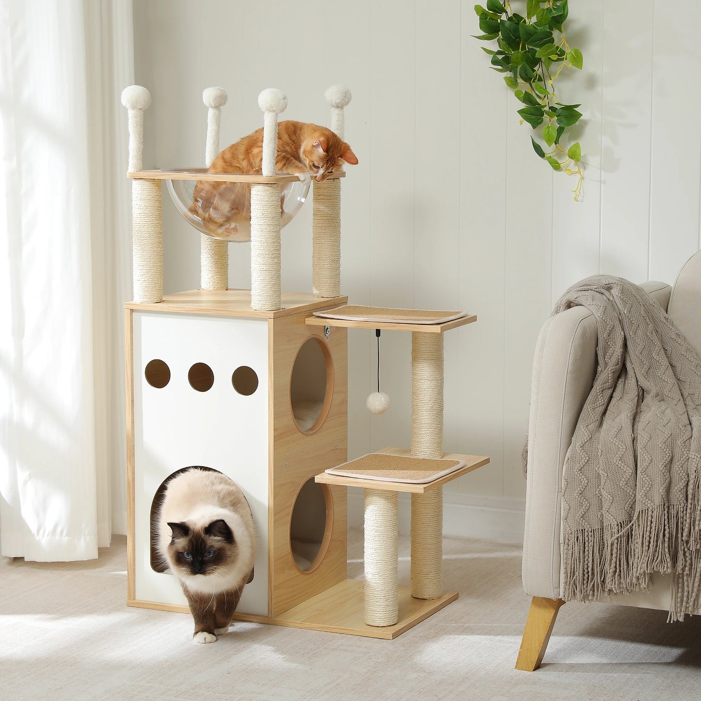 Modern Wooden Cat Tree with 2-Story Condo, Scratching Posts & Toys