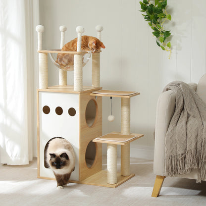 Modern Wooden Cat Tree with 2-Story Condo, Scratching Posts & Toys