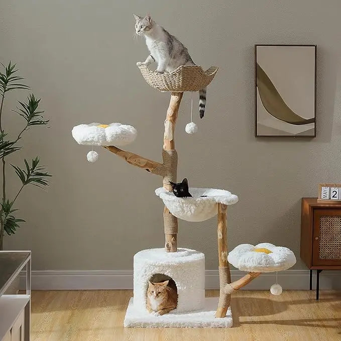 Modern Wood Cat Tower for Large Cats, Real Branch, Big Cozy Condo
