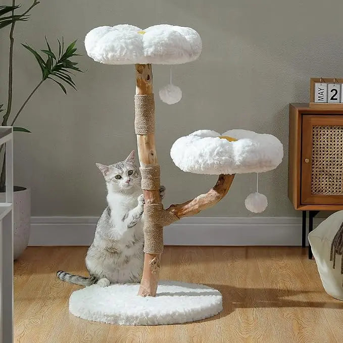 Modern Wood Cat Tower for Large Cats, Real Branch, Big Cozy Condo
