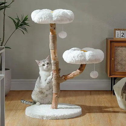 Modern Wood Cat Tower for Large Cats, Real Branch, Big Cozy Condo