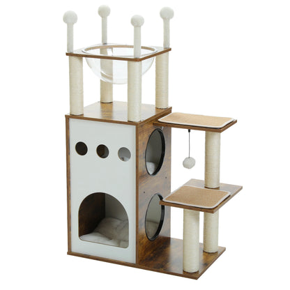 Modern Wooden Cat Tree with 2-Story Condo, Scratching Posts & Toys