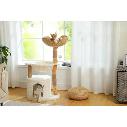 Modern Wood Cat Tower for Large Cats, Real Branch, Big Cozy Condo