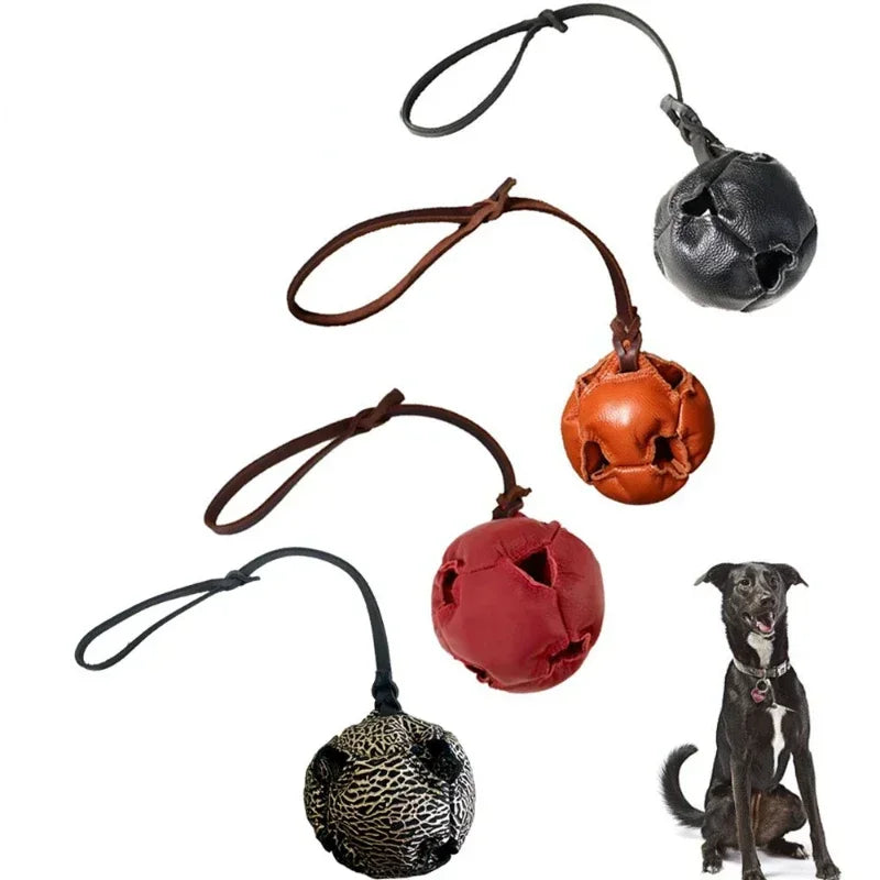 Leather Dog Tug Ball Toy with Handle – Durable Bite & Training Toy